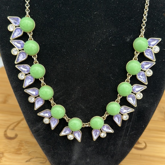 J Crew Statement Necklace, Faceted Teardrop & Round Rhinestones with Green Beads - Picture 4 of 17